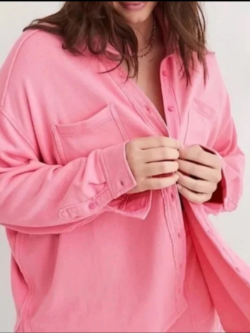 Aerie Lumber Jane Oversized Pink French Terry Shirt Button Down Womens Medium